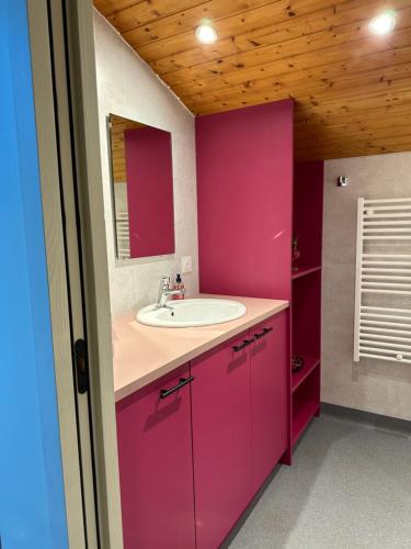 a pink bathroom with a sink and a mirror at LES JARDINS DE CARIBOLE in Fourneaux