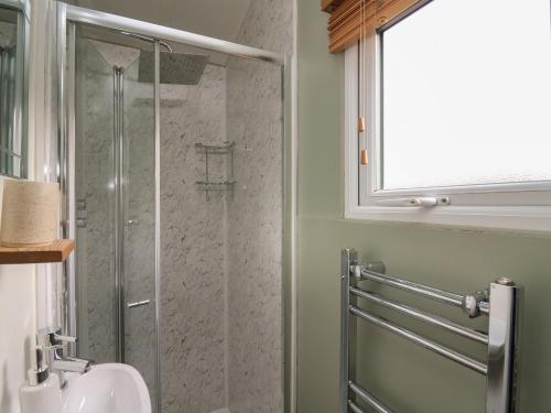 a glass shower in a bathroom with a sink at Cuckoo at Wild Valley Huts in Oswestry