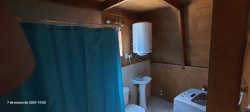 La salle de bains est pourvue d'un rideau de douche bleu et de toilettes. dans l'établissement Fortunata del Beagle, à Puerto Williams