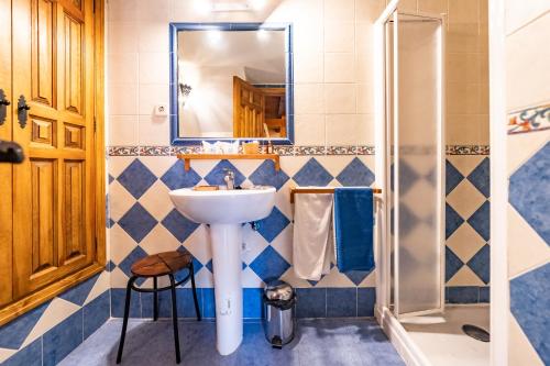 a bathroom with a sink and a shower at Posada El Aprisco Manjirón in Manjirón