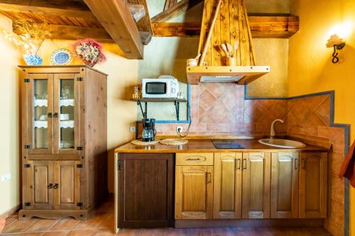a kitchen with wooden cabinets and a sink and a microwave at Posada El Aprisco Manjirón in Manjirón