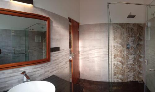 a bathroom with a glass shower and a sink at Sithara Estate Bungalow in Ella