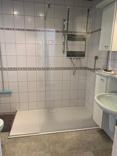 a bathroom with a shower and a sink at Fewo in der Bauhaussiedlung in Dessau