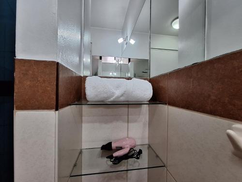 a pink toy on a glass shelf in a bathroom at Habi baño Compartido Grimaldo 1 in Lima