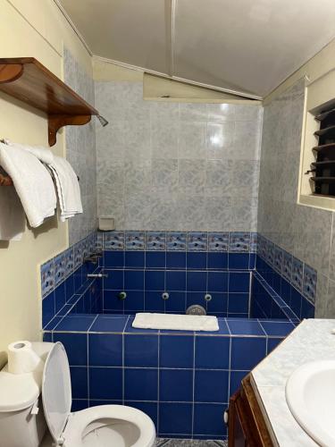 a blue tiled bathroom with a toilet and a tub at Andre's Guest House in Negril