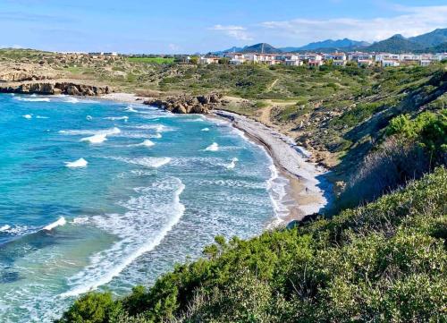 an aerial view of a beach with waves at Boho Bay Apartment in Akanthou