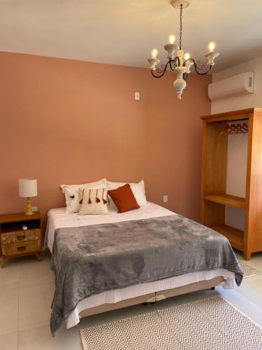 a bedroom with a bed and a chandelier at Pouso da Rita - Tiradentes in Tiradentes