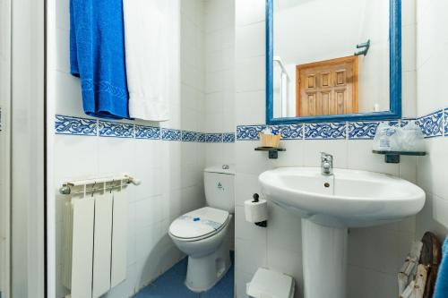 a bathroom with a sink and a toilet and a mirror at Posada El Aprisco Manjirón in Manjirón