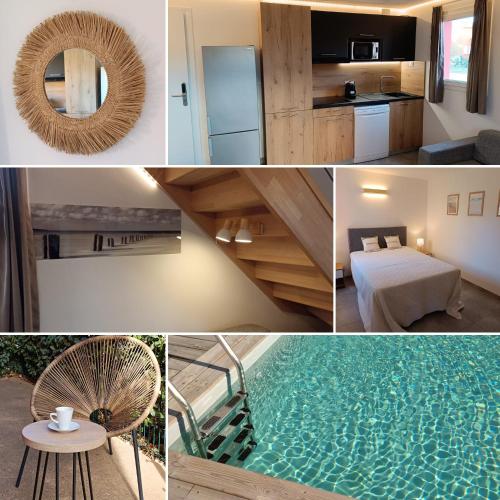 un collage de photos d'une maison avec une piscine dans l'établissement T3 Picchiarini, Clim, piscines, resto, 5' plages, à Lecci