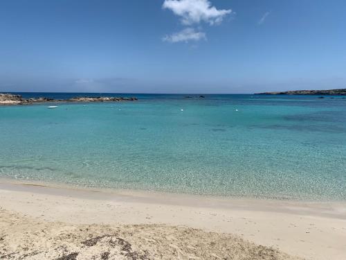 a beach with the blue water and sand at Casa Migjorn, immersa nella natura a pochi passi dal mare in Es Calo