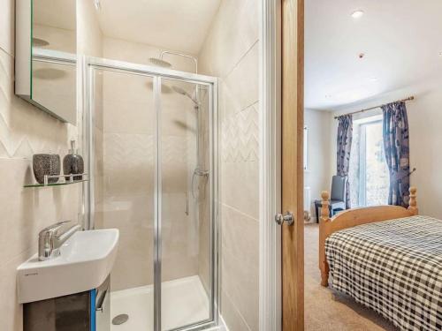 a bathroom with a shower and a sink and a bed at Pipistrelle Cottage a quirky gem near Snowdonia in Caernarfon