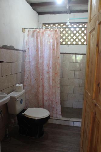 a bathroom with a toilet and a shower curtain at Rancho Los Duendes in Turrialba