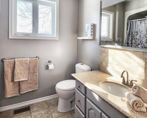 a bathroom with a toilet and a sink and a mirror at Home in Collingwood in Collingwood