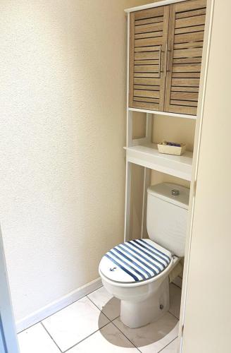 La salle de bains est pourvue de toilettes avec un couvercle bleu et blanc. dans l'établissement Joli 2 pièces cabine climatisé dans une résidence avec piscine, à Cavalaire-sur-Mer