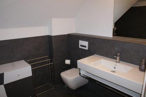 La salle de bains est pourvue d'un lavabo et de toilettes. dans l'établissement Hafenpanorama - ABC173, à Wismar