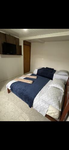 a bedroom with two beds and a flat screen tv at Casa Inteira com Churrasqueira in Ponta Grossa