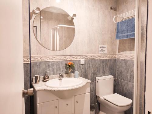 a bathroom with a sink and a toilet and a mirror at Flor de Lis 1 in Cáceres
