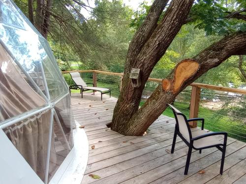 drewniany taras z 2 krzesłami i drzewem w obiekcie GlampOut Resort - Elk River w mieście Sutton