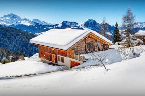 a log cabin in the mountains covered in snow at Chalet Arsene et Lea - OVO Network in Manigod