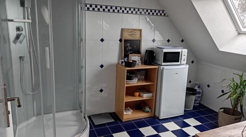 a bathroom with a shower and a refrigerator and a microwave at Au bonheur du logis in Fougères