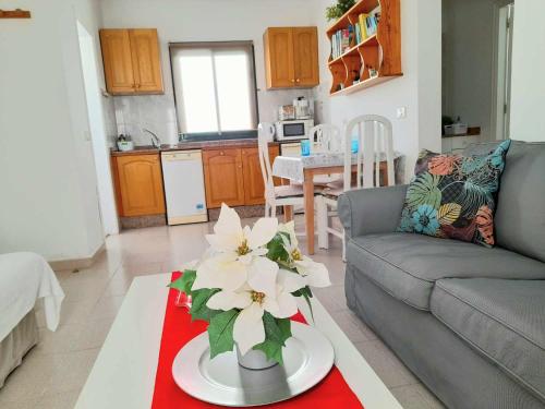 ein Wohnzimmer mit einem Sofa und einem Tisch mit Blumen in der Unterkunft Apartment Vincent, cozy and sunny over the rooftops in Puerto del Carmen
