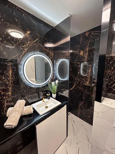 a bathroom with a sink and a mirror at Apartament Renard in Rzeszów