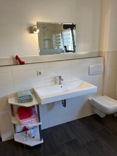 een badkamer met een wastafel en een toilet bij Ferienwohnung Zur Tanne in Leipzig