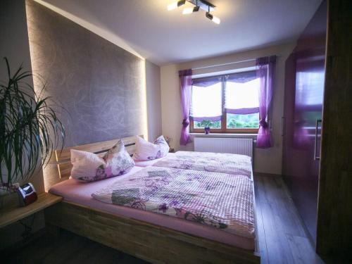 ein Schlafzimmer mit einem Bett mit Kissen und einem Fenster in der Unterkunft Holiday apartment Estel in Bärenstein