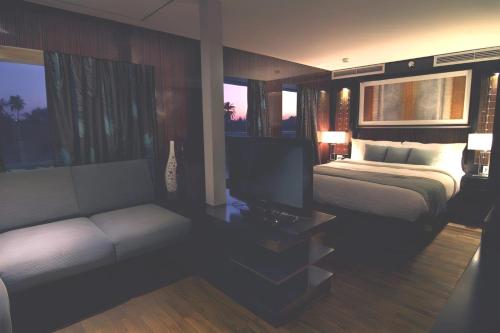 NILE CRUISE LUXOR & ASWAN L في أسوان: غرفة نوم بسرير واريكة وتلفزيون
