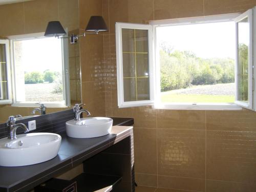 two sinks in a bathroom with two windows at La Motte Melleraye in Donnery