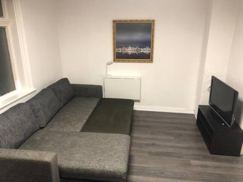 a living room with a couch and a tv at A Double Room - Not a complete apartment - Perfect Location for exploring the City by walking in Bergen