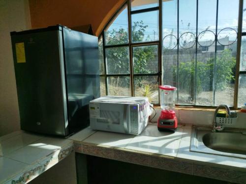 un forno a microonde seduto su un bancone della cucina accanto a un lavandino di 4 Suite Balcón estelar Ambato ad Ambato