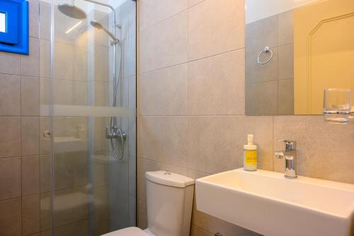 a bathroom with a shower and a toilet and a sink at Havania Apartments in Agios Nikolaos