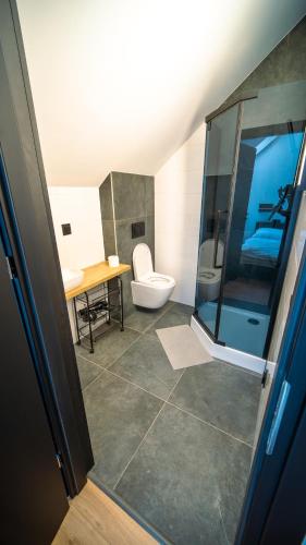 a bathroom with a toilet and a glass shower at Willa Perła Jezior in Mrągowo