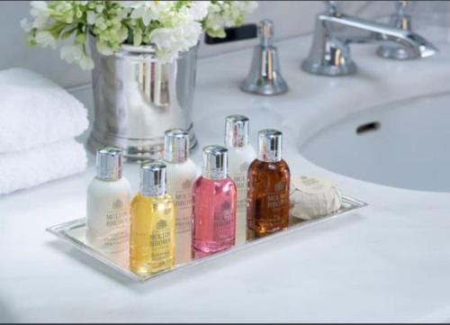 a bathroom sink with a tray with bottles of soap at Large historic family home nr Longleat and Bath in Warminster