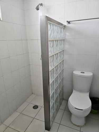 a bathroom with a toilet and a shower stall at LaVid Aguascalientes in Aguascalientes