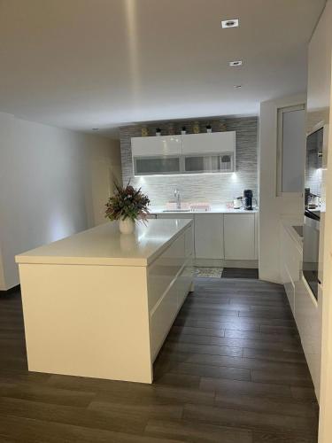 a kitchen with white cabinets and a counter with a plant on it at Increíble piso céntrico in Gandía