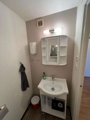 a bathroom with a white sink and a mirror at Central, university - centralt, högskolan in Halmstad