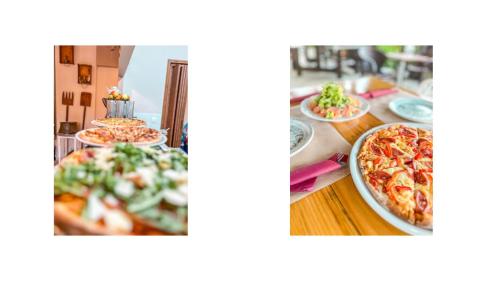 two pictures of pizzas on a wooden table at Mistral Boutique Hotel in Meganisi