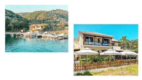 two pictures of a marina with boats in the water at Mistral Boutique Hotel in Meganisi