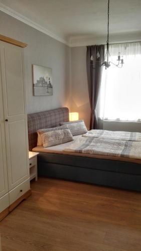 sypialnia z łóżkiem i oknem w obiekcie Ferienwohnung Silva w Dreźnie
