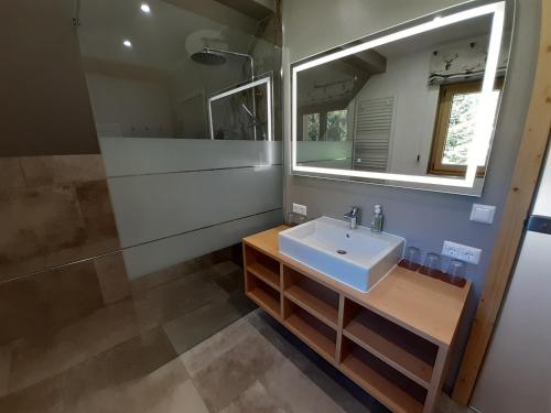 a bathroom with a sink and a mirror at Romantik Chalet Pretalhof in Turnau
