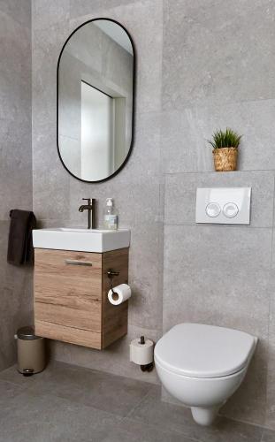 a bathroom with a sink and a toilet and a mirror at Hótel Laugarvatn in Laugarvatn