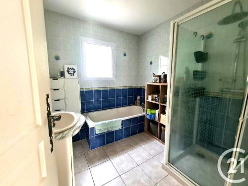 ein Bad mit einer Badewanne, einem Waschbecken und einer Dusche in der Unterkunft CHEZ HELENE ET FRANCK in Florensac