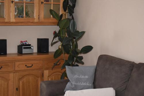 a living room with a couch and a plant at Marktstübchen an der schönen Loreley in Bornich