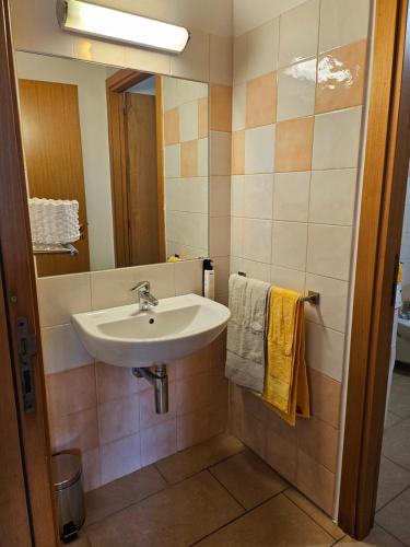 a bathroom with a sink and a mirror and towels at Agriturismo Alle Albare in Montorio Veronese