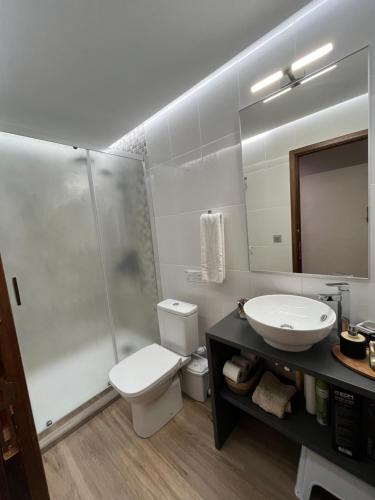 a bathroom with a toilet and a sink and a mirror at Casa abuelo Motilla in Alcalá del Júcar
