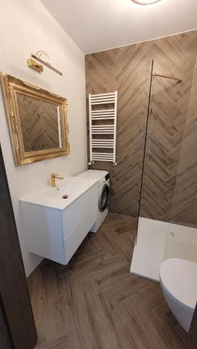 a bathroom with a sink and a shower and a toilet at Apartament Jaracza 28/7 in Słupsk