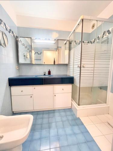 une salle de bain avec un lavabo et une douche dans l'établissement Appartement cannes Croisette, à Cannes