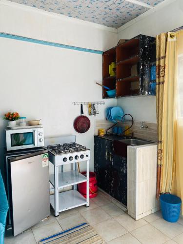 a small kitchen with a stove and a microwave at Budget Studio. Nakuru CBD. Wifi. Spacious. Ample Parking in Nakuru